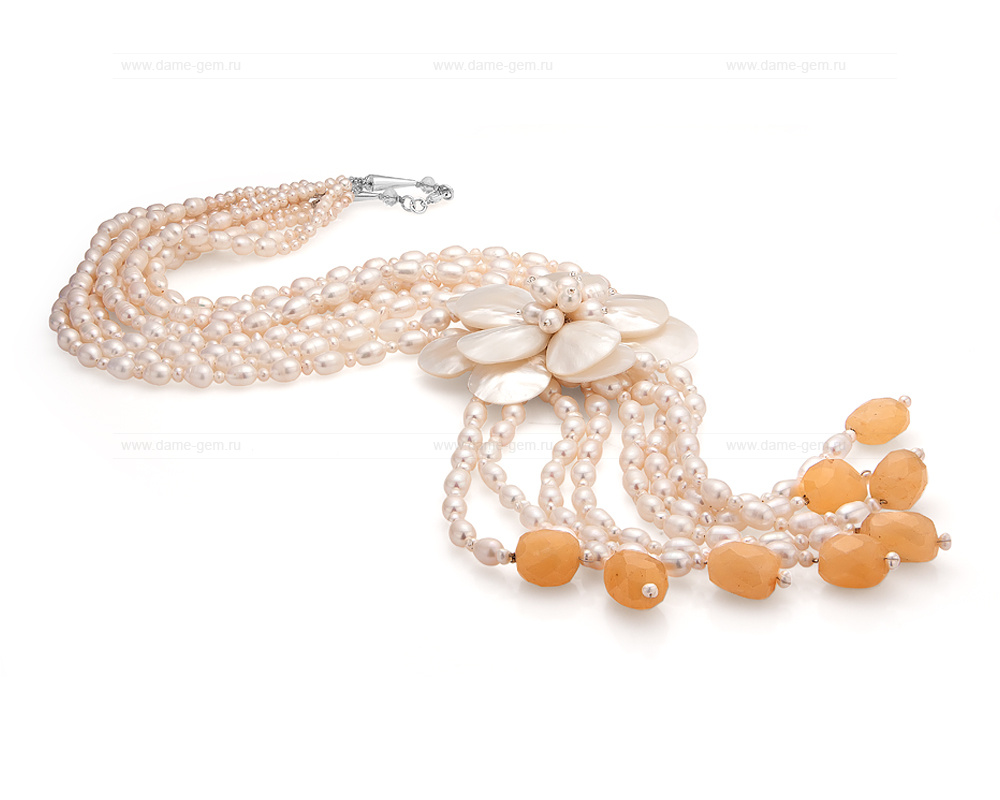 Многорядное колье из жемчуга и кварца с цветком из перламутра. Артикул 12306