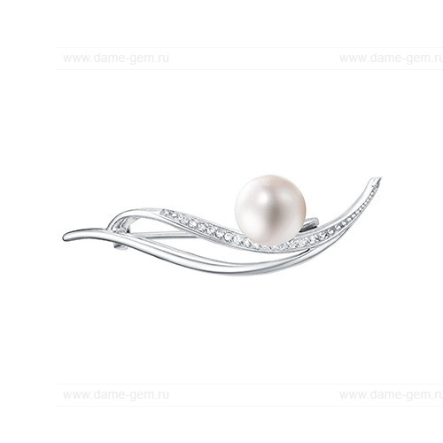 Брошь из серебра с белой речной жемчужиной 9-9,5 мм. Артикул 12098