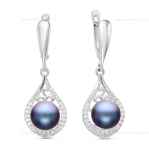 Серьги из серебра с черным жемчугом 8,5-9 мм. Артикул 9202