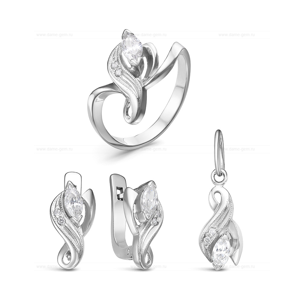 Комплект из серебра 925 пробы с фианитами. Серьги, кольцо и кулон. Артикул 12580 Комплект из серебра 925 пробы с фианитами. Серьги, кольцо и кулон. Артикул 12580