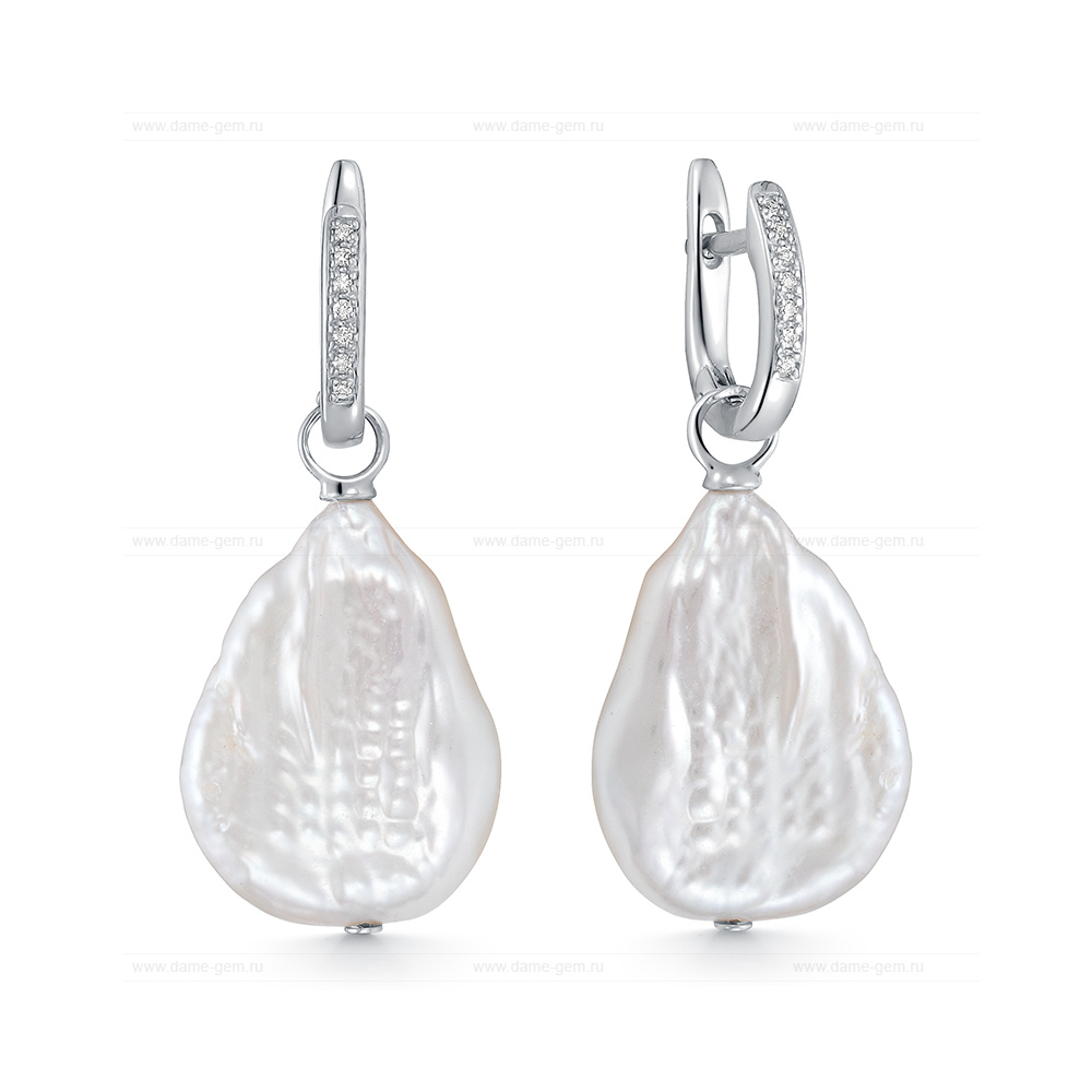 Серьги из серебра с белыми жемчужинами "барокко" 16-20 мм. Артикул 12489