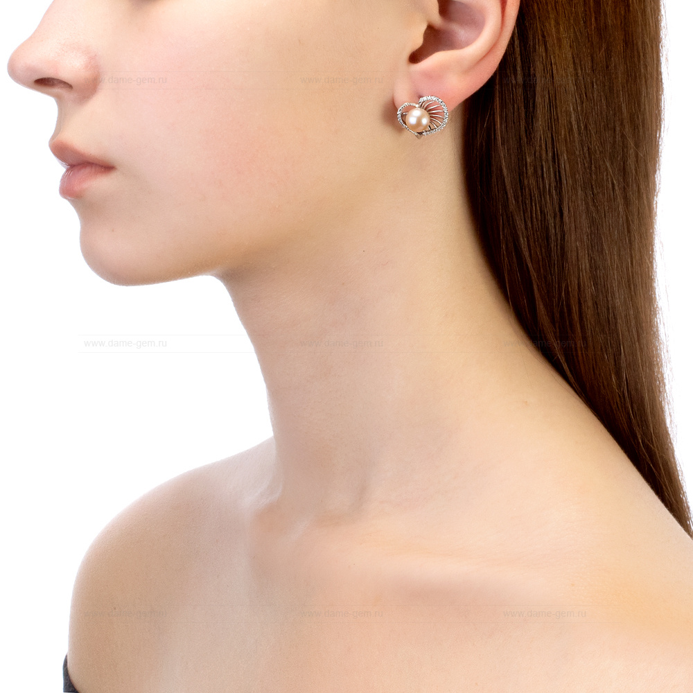 Серьги из серебра с розовыми жемчужинами 7,5-8 мм. Артикул 10769