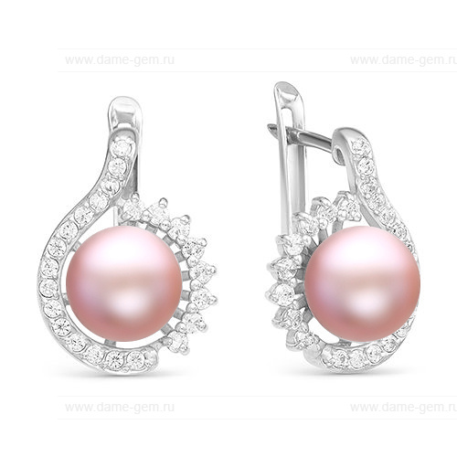 Серьги из серебра с розовыми жемчужинами 8,5-9 мм. Артикул 10655