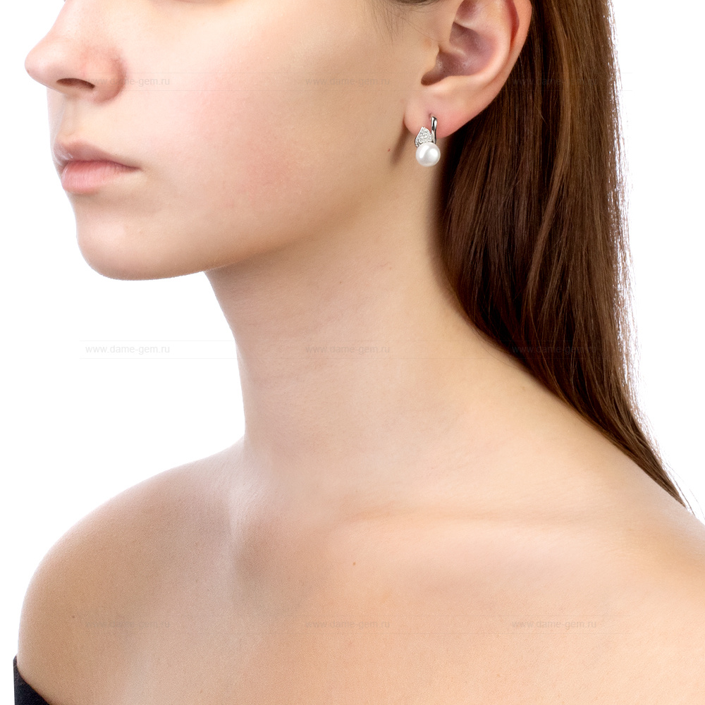 Серьги из серебра с белыми жемчужинами 8-8,5 мм. Артикул 12398