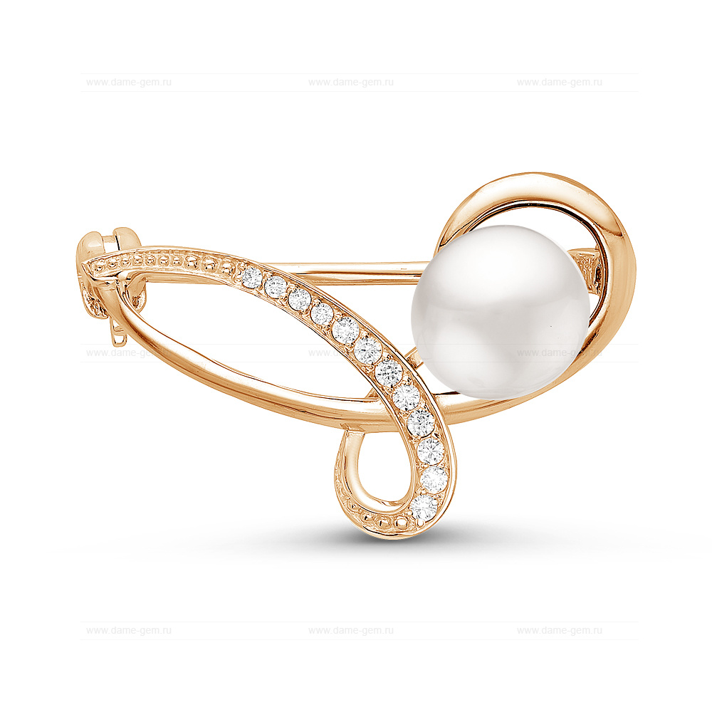 Брошь из серебра с белой речной жемчужиной 7,5-8 мм. Артикул 11062