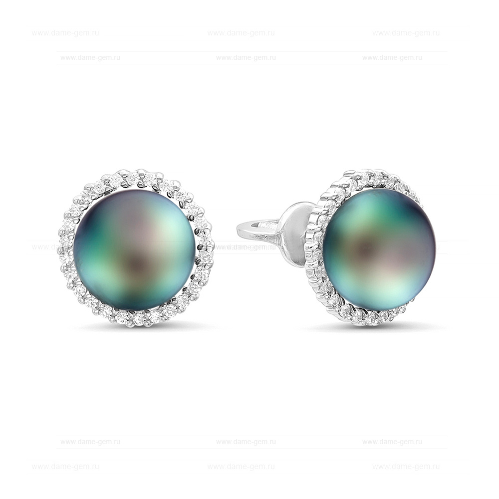 Серьги-пусеты из серебра с черными жемчужинами 7-7,5 мм. Артикул 11576