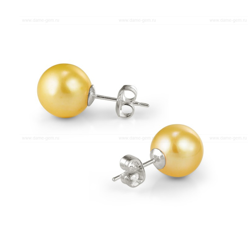 Пусеты из серебра с золотистыми жемчужинами 10-10,5 мм. Артикул 7804