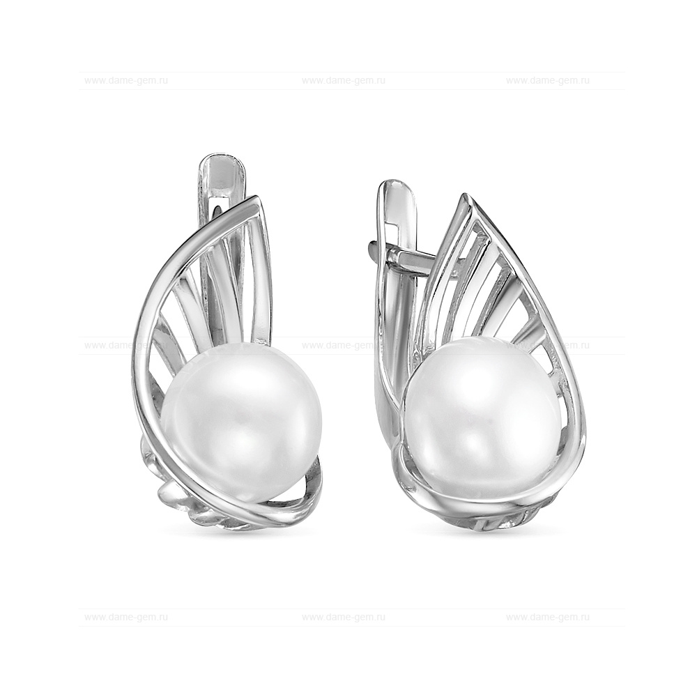 Серьги из серебра с белыми жемчужинами 8-8,5 мм. Артикул 12421