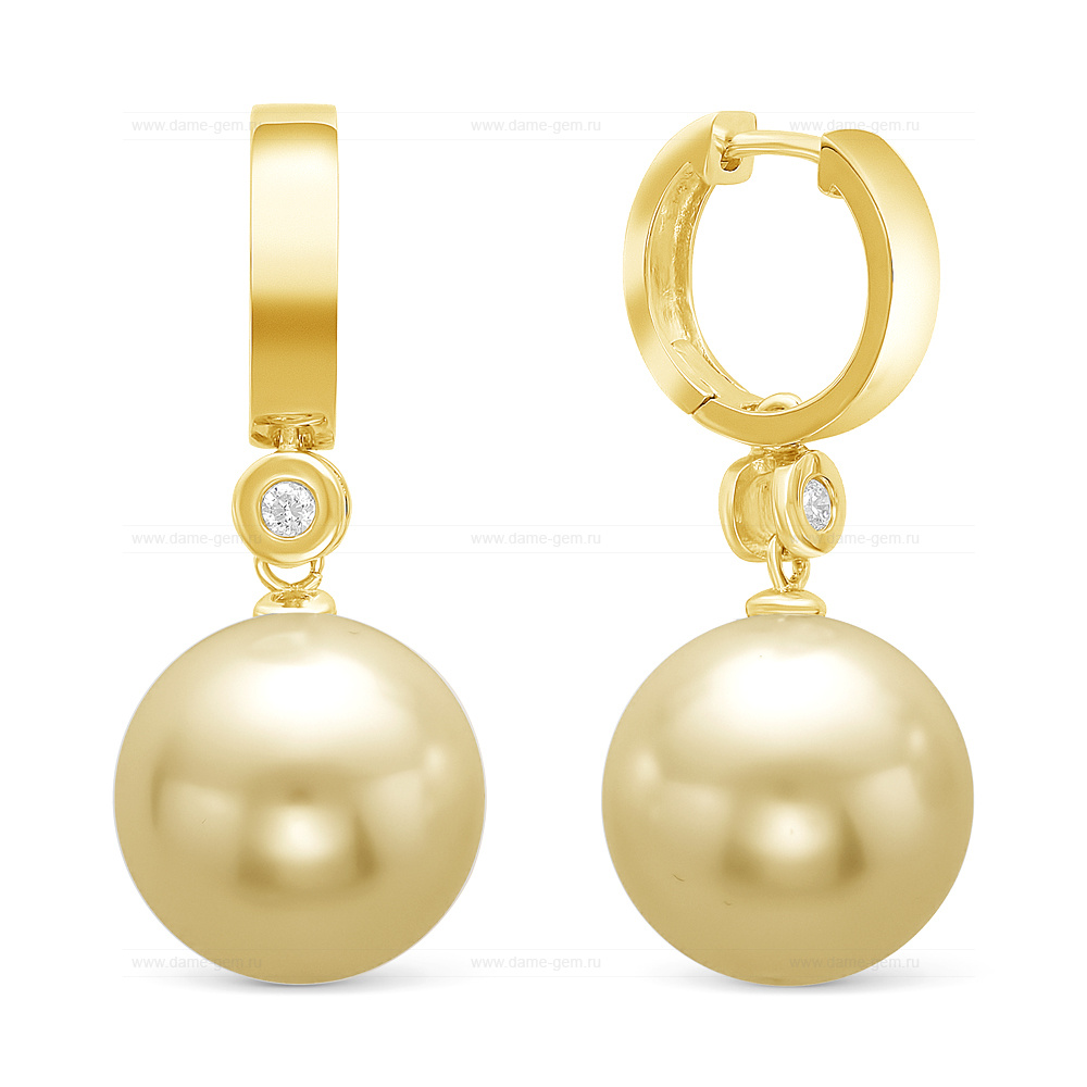 Серьги из золота 585 пробы с золотистыми Австралийскими жемчужинами 12,6-12,9 мм. Артикул 11505
