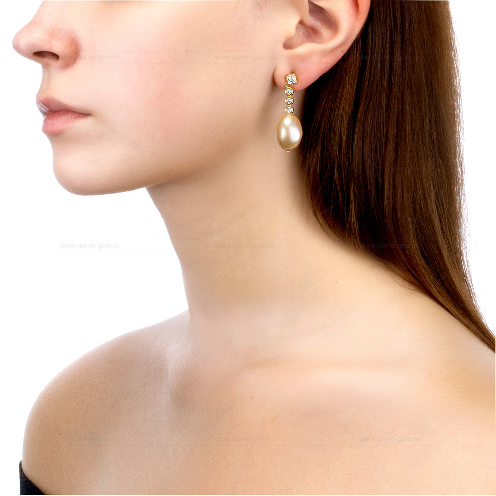 Серьги из серебра с золотистыми жемчужинами "Барокко" 11-12 мм. Артикул 12608
