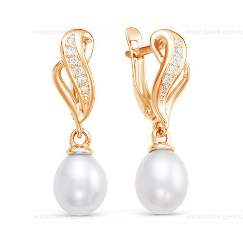 Серьги из желтого золота с белыми жемчужинами 9-10 мм. Артикул 12854