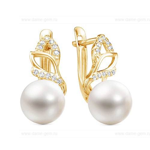 Серьги из желтого золота с белыми жемчужинами 8,5-9 мм. Артикул 11439