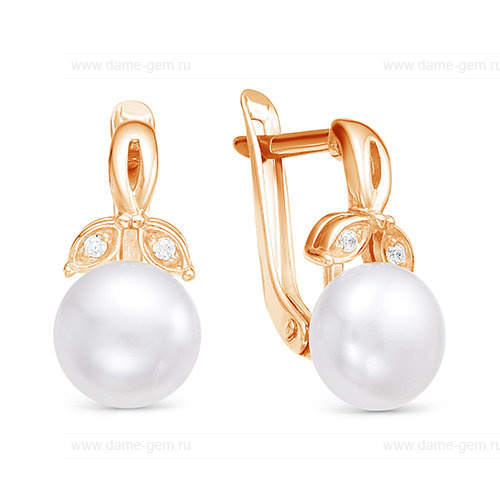 Серьги из красного золота с белыми жемчужинами 8,5-9 мм. Артикул 11242