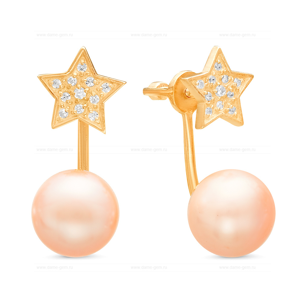 Двойные пусеты "Dior" из серебра с розовыми жемчужинами 10,5-11 мм. Артикул 11312 Двойные пусеты "Dior" из серебра с розовыми жемчужинами 10,5-11 мм. Артикул 11312