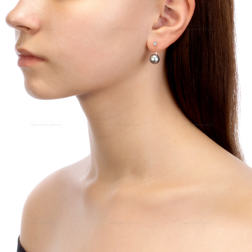 Двойные пусеты "Dior" из серебра с серыми жемчужинами 9-9,5 мм. Артикул 10776 Двойные пусеты "Dior" из серебра с серыми жемчужинами 9-9,5 мм. Артикул 10776