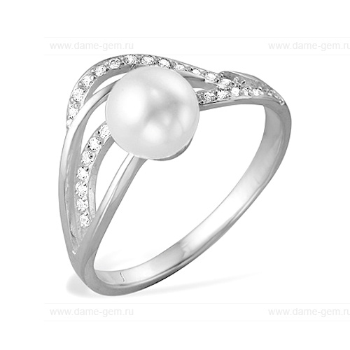 Кольцо из белого золота 585 пробы с белой жемчужиной 8-8,5 мм. Артикул 9544