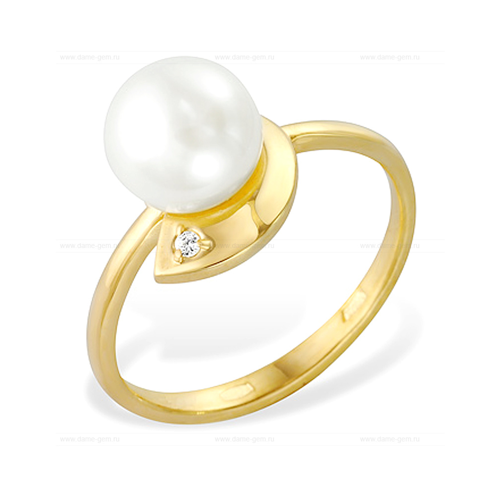 Кольцо из желтого золота 585 пробы с белой жемчужиной 6-6,5 мм. Артикул 12120