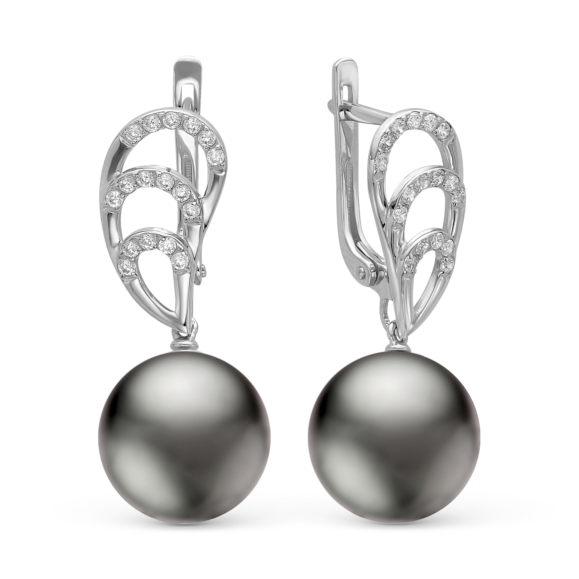 Серьги из золота с черными Таитянскими жемчужинами 12,6-12,9 мм. Артикул 10325