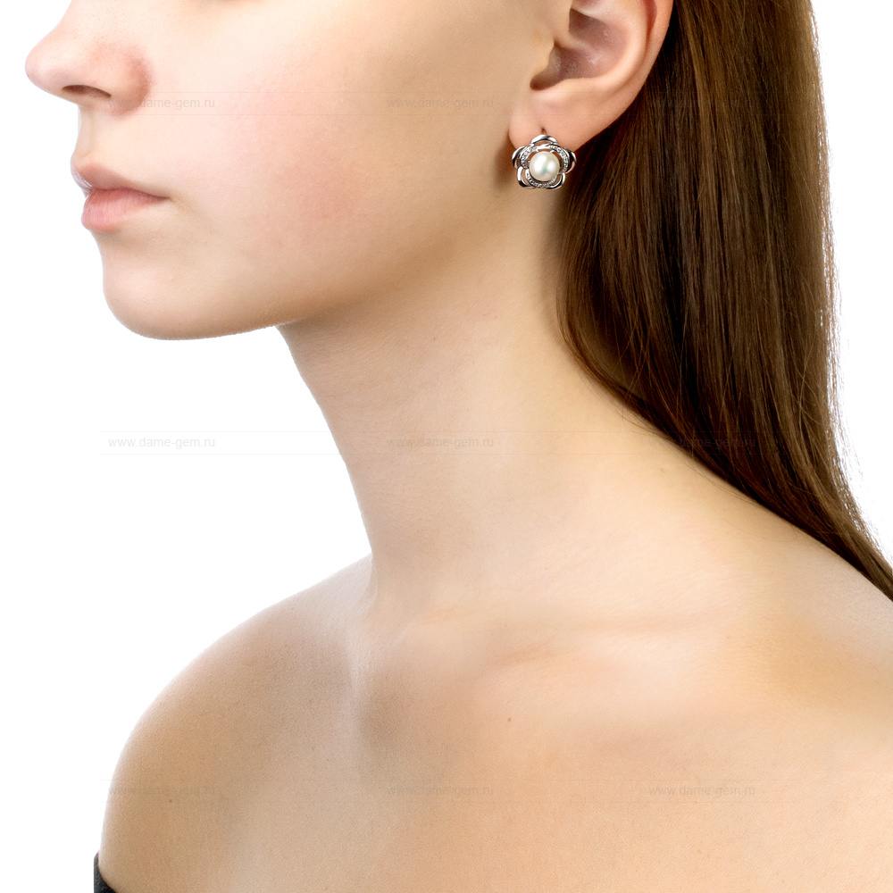 Серьги из серебра с белыми жемчужинами 8 мм. Артикул 11306