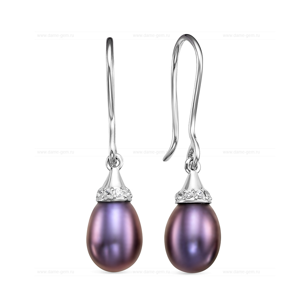 Серьги из серебра с черными жемчужинами "капля" 7,5-8 мм. Артикул 12464
