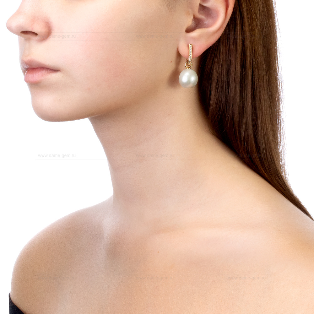 Серьги из серебра с японскими белыми жемчужинами 14-14,5 мм. Артикул 12223
