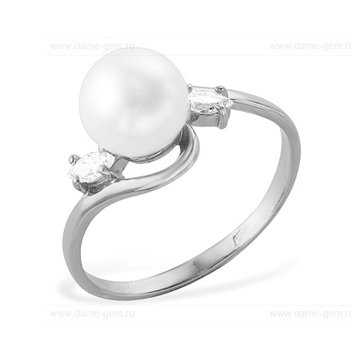 Кольцо из белого золота 585 пробы с белой жемчужиной 7,5-8 мм. Артикул 12017