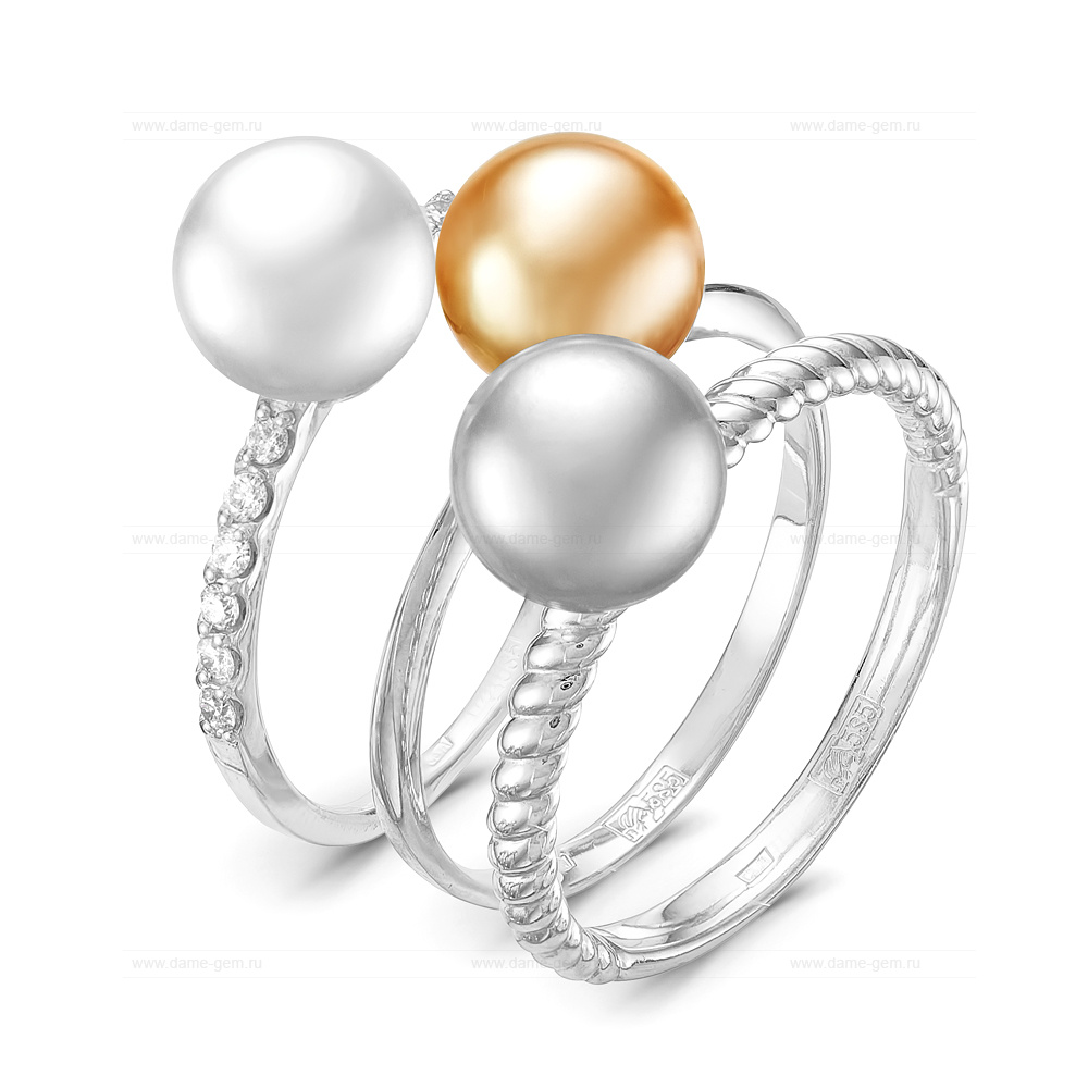 Кольцо "Трио" из золота 585 пробы с морскими жемчужинами Акойя 7,5-8 мм. Артикул 11655
