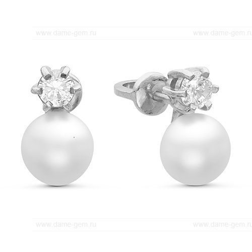 Серьги из серебра с белыми жемчужинами 7,5-8 мм. Артикул 10386