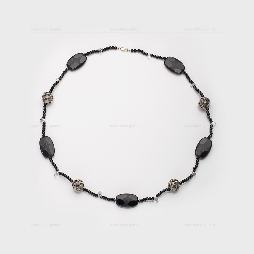 Бусы из черного агата, украшенные вставками из сплава. Артикул 12652