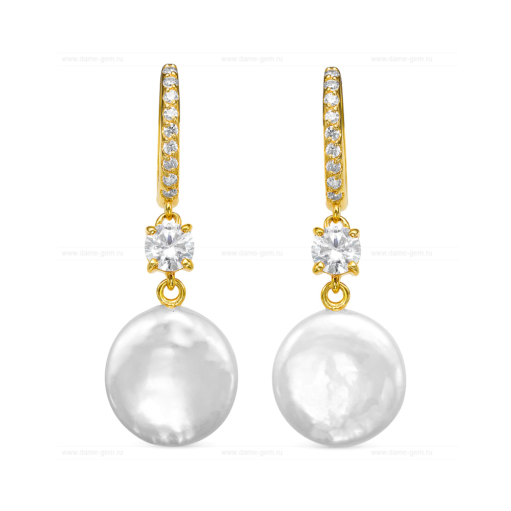 Серьги из серебра с белыми жемчужинами "барокко" 13,5-14 мм. Артикул 12478