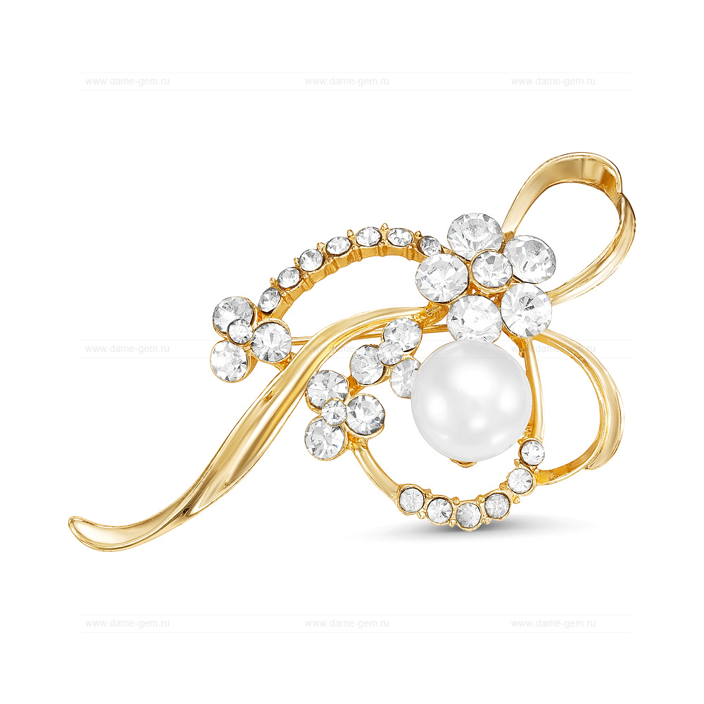 Брошь из сплава с белой речной жемчужиной 11 мм. Артикул 12144