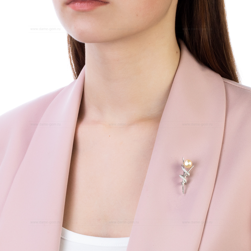 Брошь из серебра с розовой жемчужиной 8,5-9 мм. Артикул 11907