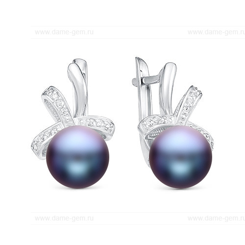 Серьги из серебра с черными жемчужинами 8,5-9 мм. Артикул 10106