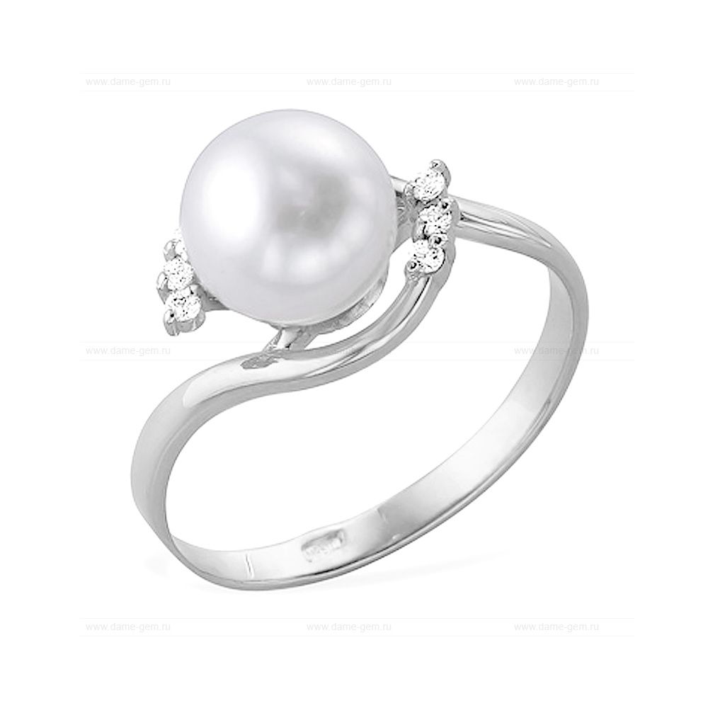 Кольцо из белого золота 585 пробы с белой жемчужиной 7-7,5 мм. Артикул 12019