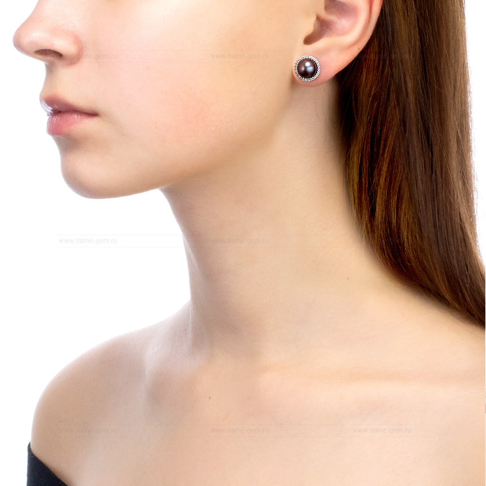 Серьги-пусеты из серебра с черными жемчужинами 8,5-9 мм. Артикул 11339