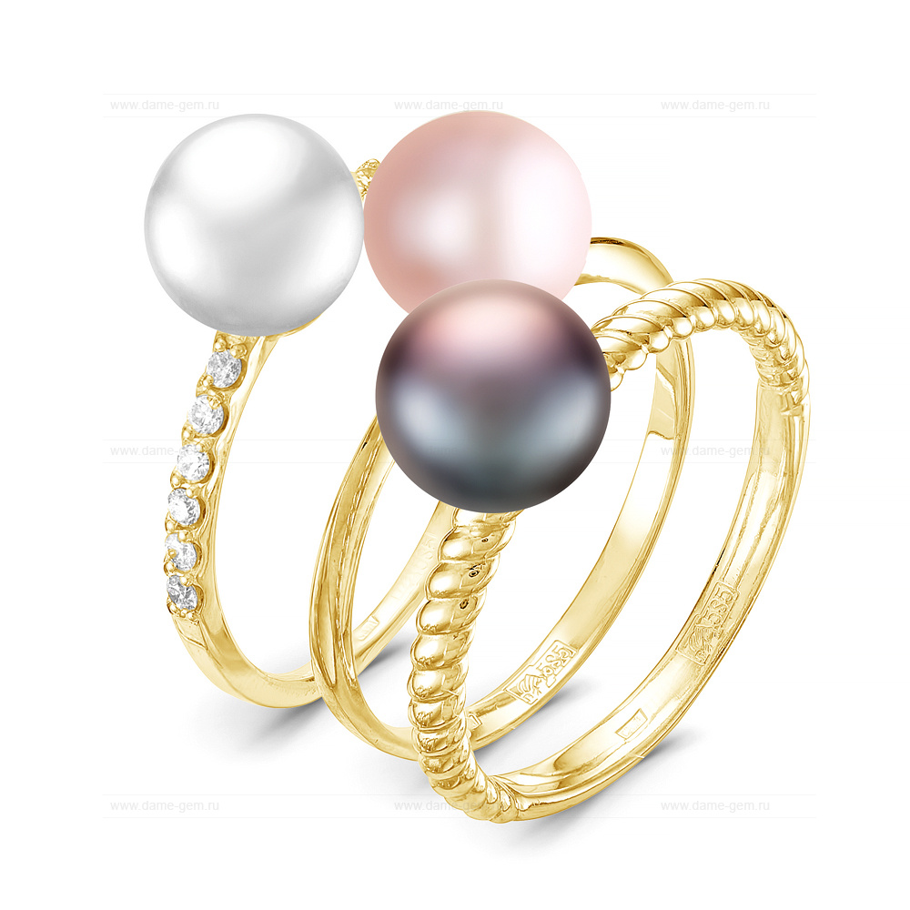 Кольцо тройное из серебра 925 пробы с жемчужинами "микс" 7-7,5 мм. Артикул 11814