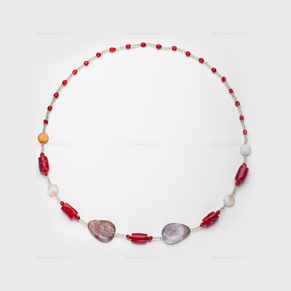 Длинные бусы из коралла, кварца и бисера. Артикул 12383