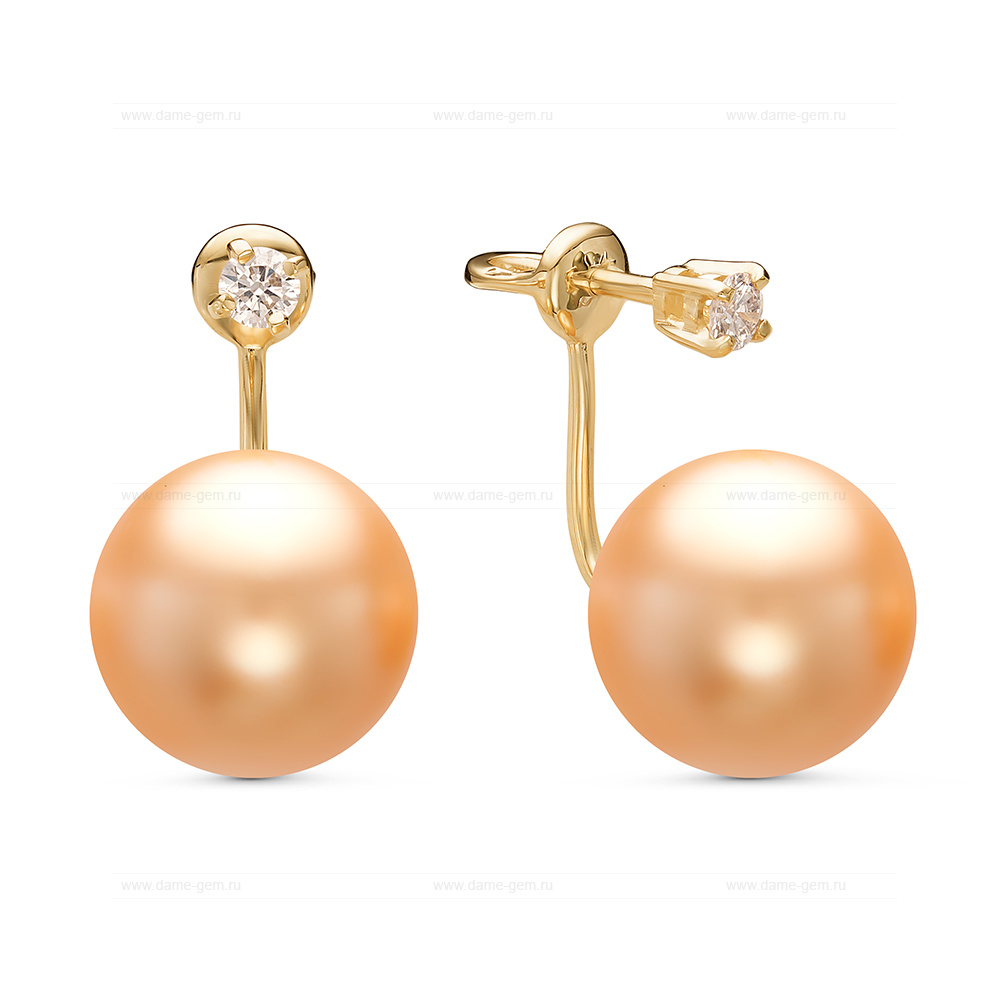Двойные пусеты "Dior" из золота 585 пробы с золотистыми Австралийскими жемчужинами 12,6-12,9 мм. Артикул 11131