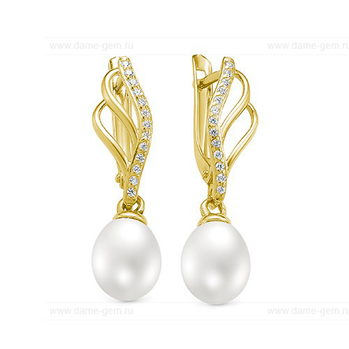 Серьги из желтого золота с белыми жемчужинами 9-10 мм. Артикул 12804