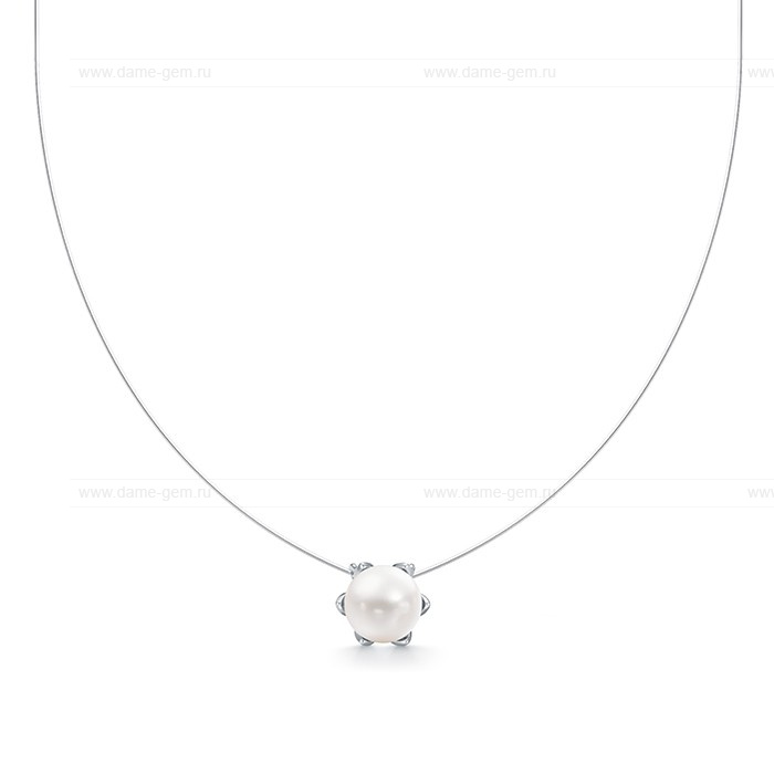 Колье на леске с кулоном из серебра 925 пробы с белой жемчужиной 8,5-9 мм. Артикул 12337