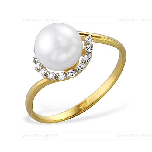 Кольцо из желтого золота 585 пробы с белой жемчужиной 7-7,5 мм. Артикул 9331