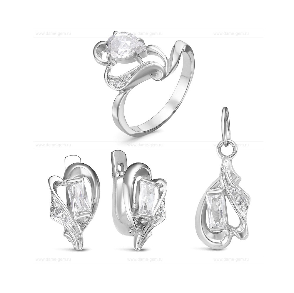 Комплект из серебра 925 пробы с фианитами. Серьги, кольцо и кулон. Артикул 12567