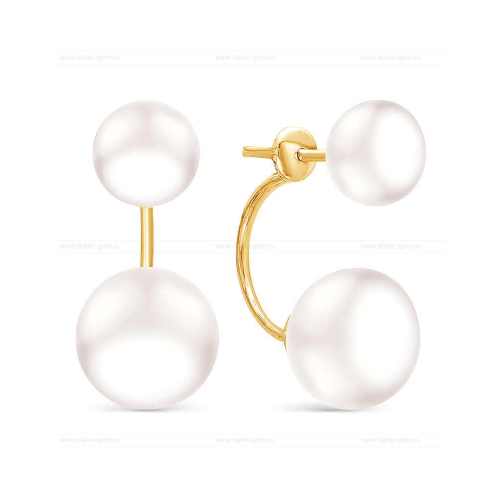 Двойные пусеты "Dior" из серебра с белым речным жемчугом 8,5-11 мм. Артикул 11219