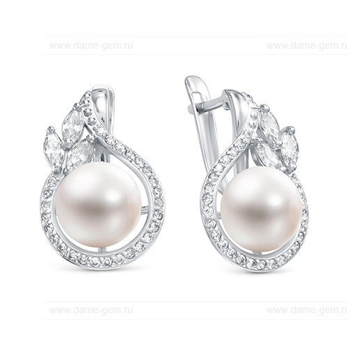 Серьги из серебра с белыми жемчужинами 8-8,5 мм. Артикул 11363