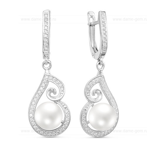 Серьги из серебра с белыми жемчужинами 8-8,5 мм. Артикул 10210