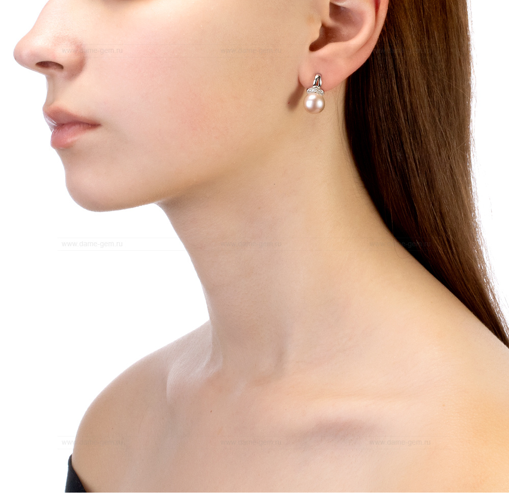 Серьги серебряные с розовым жемчугом 9,5-10 мм. Артикул 10400