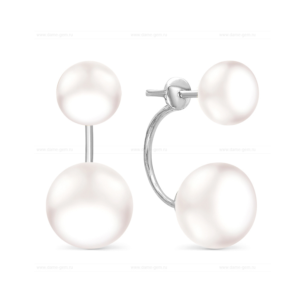 Двойные пусеты "Dior" из серебра с белыми жемчужинами 8,5-11 мм. Артикул 10781