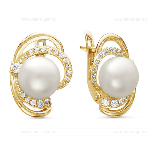 Серьги из желтого золота с белыми жемчужинами 8,5-9 мм. Артикул 9702