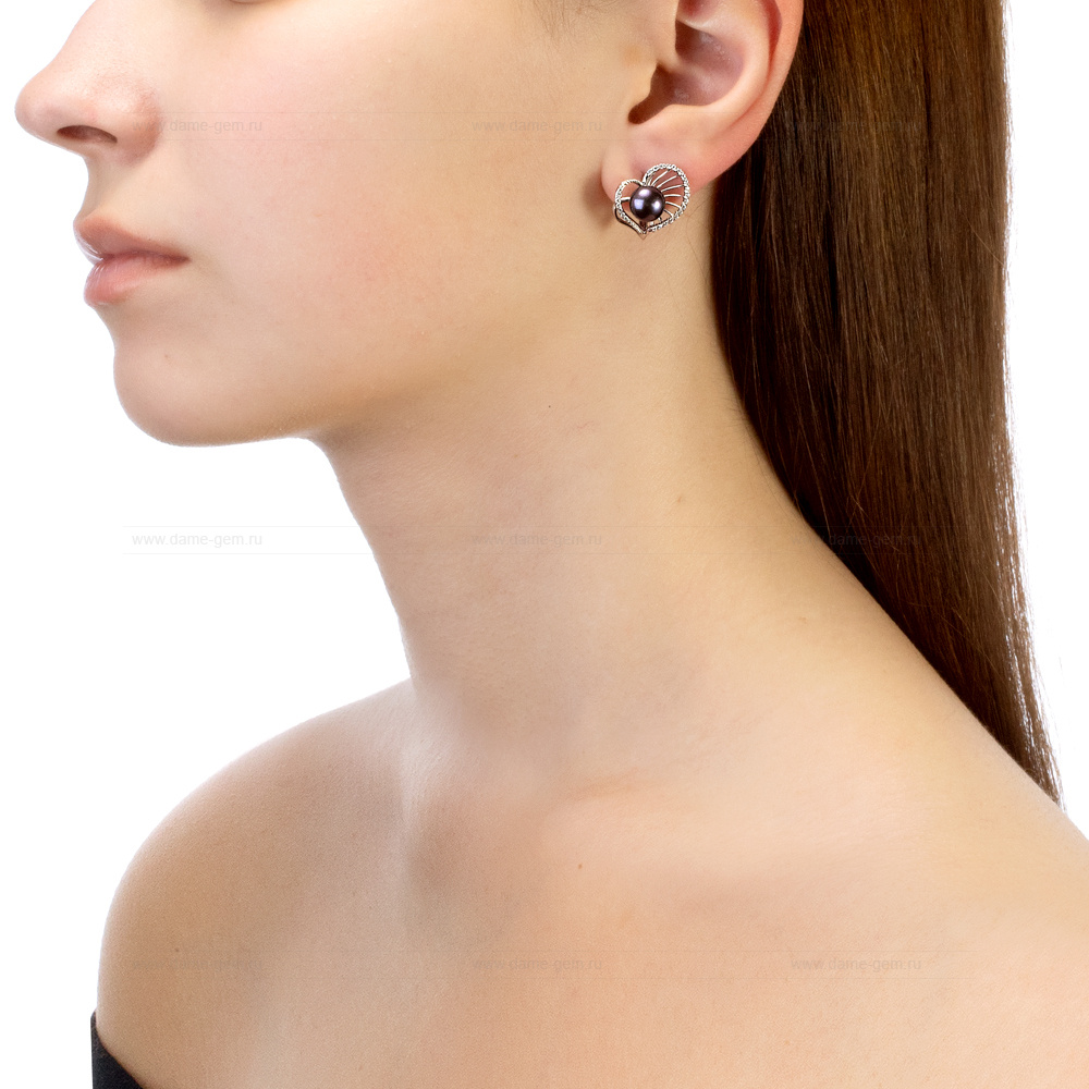 Серьги из серебра с черными жемчужинами 7,5-8 мм. Артикул 11897