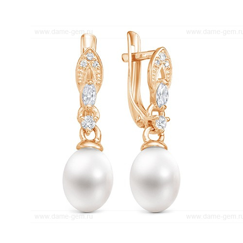 Серьги из красного золота с белыми жемчужинами 9-10 мм. Артикул 12771
